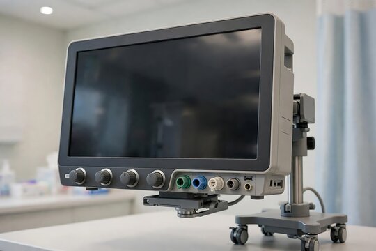 Modern medical patient monitoring device with screen and various input ports on a mobile stand in a clinical setting