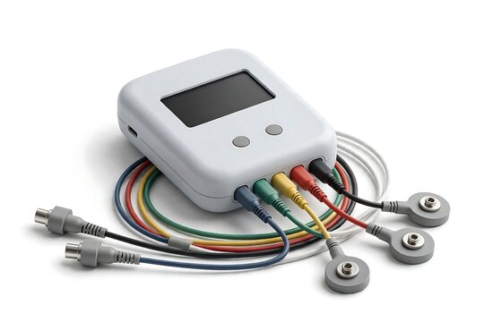 Medical device ecg monitor with colorful cables and electrodes isolated on white background