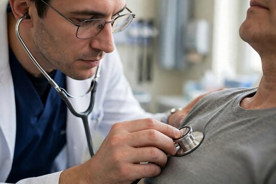 Male doctor with glasses using stethoscope to listen to elderly patient chest during hospital checkup