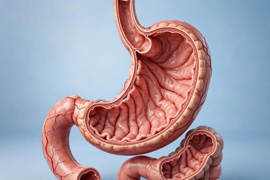 3d illustration of human stomach anatomy showing internal structure with gastric folds and surrounding blood vessels