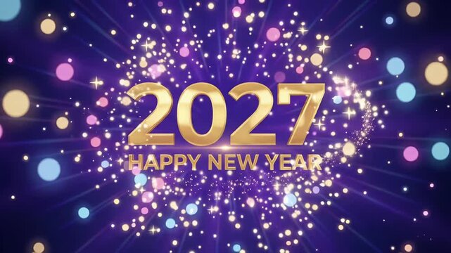 Happy New Year 2027 celebration event greeting gold text colorful bokeh particles purple background motion graphic loop
