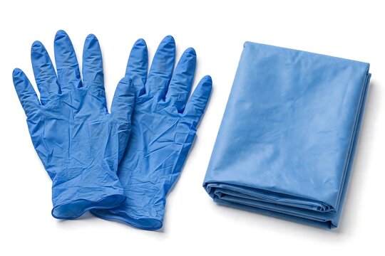 Blue nitrile gloves and folded protective apron isolated on white background