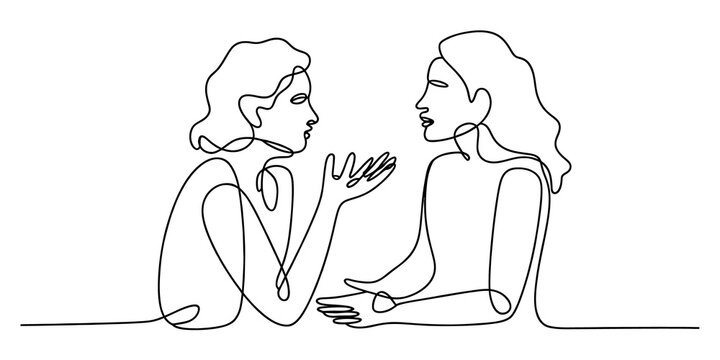 Two women talking and gesturing to each other in a continuous line art style drawing