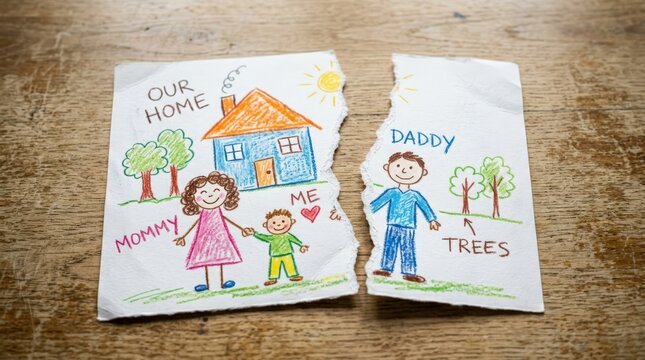 A torn childs drawing on a wooden table symbolizes family divorce, separating mother and child from the father figure in a poignant depiction of marital separation and broken homes