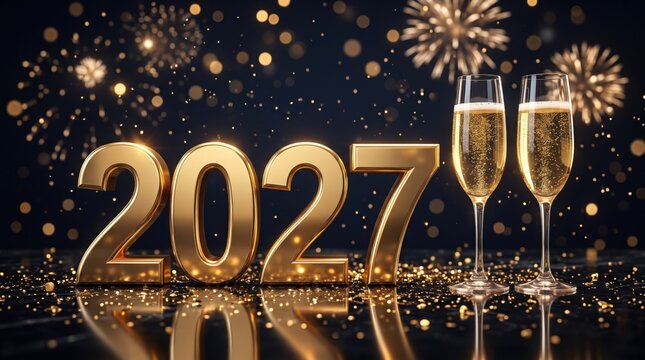 N&uacute;meros 3D dorados 2027 con dos copas de champ&aacute;n y fuegos artificiales sobre un fondo oscuro y reflectante. Celebraci&oacute;n de A&ntilde;o Nuevo