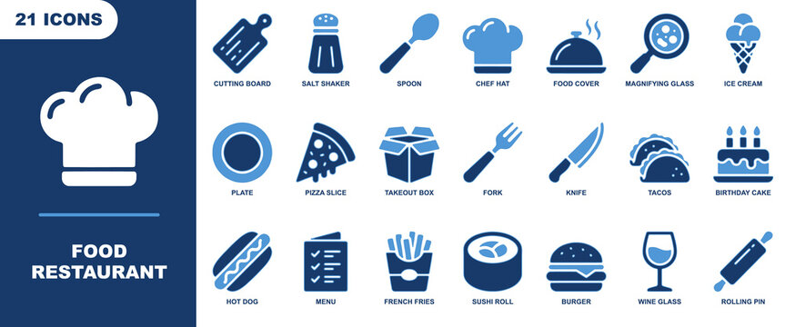Food and restaurant icon set with twenty one blue culinary symbols including chef hat, pizza, burger, and utensils