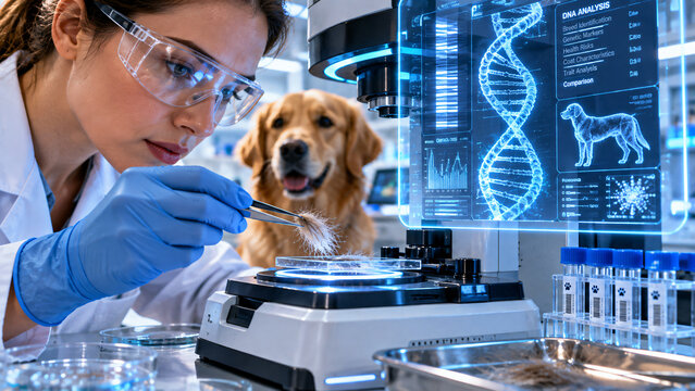 Veterinary researcher examining a dog hair sample beside digital genetic analysis equipment