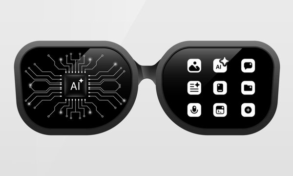 AI smart glasses UI mockup with processor chip circuit and application icons