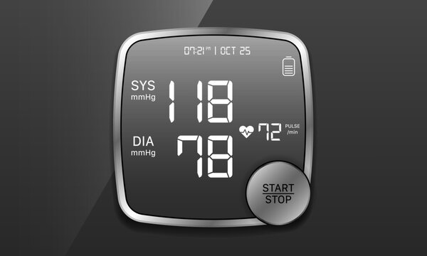 Digital blood pressure monitor device UI mockup with LCD screen and start stop button