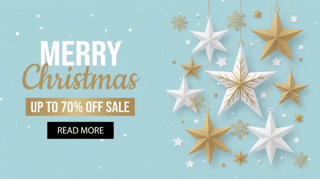 Merry Christmas Up To 70 Percent Off Sale Promo Holiday Winter Discount Campaign 3D Stars Motion Graphic Loop
