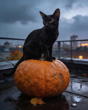 Sleek black cat sitting on a pumpkin on a wet city rooftop in the rain at dusk with blurred night lights for a moody Halloween scene.