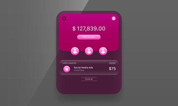Magenta mobile banking wallet app UI mockup with balance display and expense tracker
