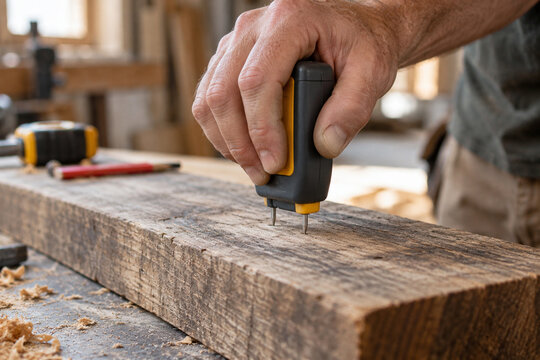 Carpenter checking timber with a moisture meter
