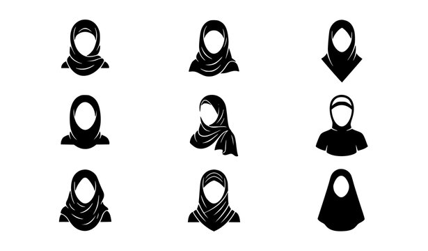 Nine hijab silhouette icons showing different women headscarf styles and head covering designs, black faceless Muslim fashion vector set on white background
