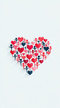A heart shape formed from various red, pink, and black stick figures holding heart symbols on a white background.