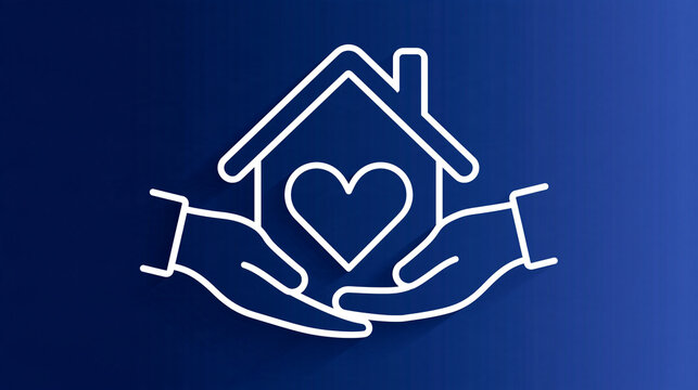 Two hands holding a house with a heart inside, symbolizing care, protection, and love for home.