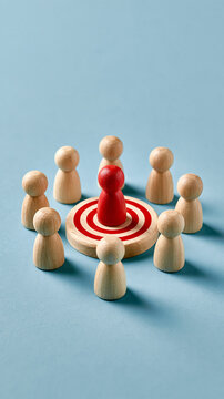 A red wooden figure stands in the center of a target, surrounded by eight natural wood figures on a blue background.