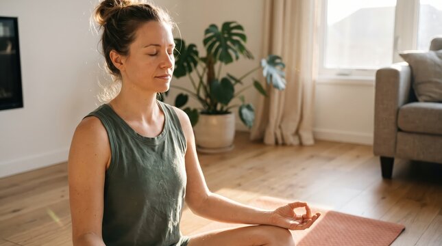 Woman meditating on yoga mat in bright living room. Mindfulness and meditation practice at home. Wellness, relaxation and mental health concept. Healthy lifestyle and self care.