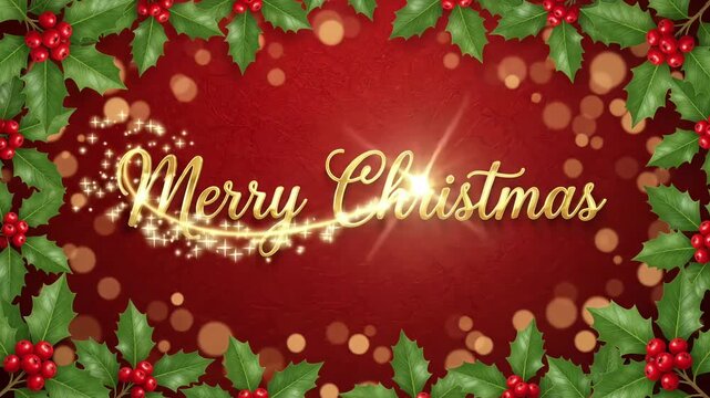 Merry Christmas Holiday Greeting Festive Red Background Holly Leaves Gold Text Bokeh Motion Graphic Loop
