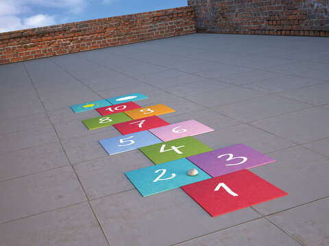 Hopscotch and a pebble on roof terrace, 3D Rendering
