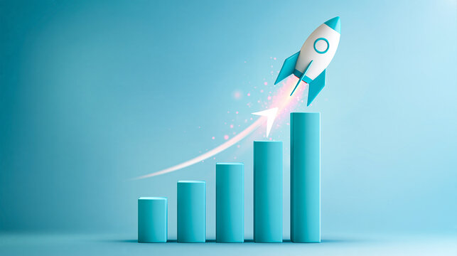 A rocket launches upward from a rising bar chart, symbolizing growth, progress, and success in a sleek blue design.