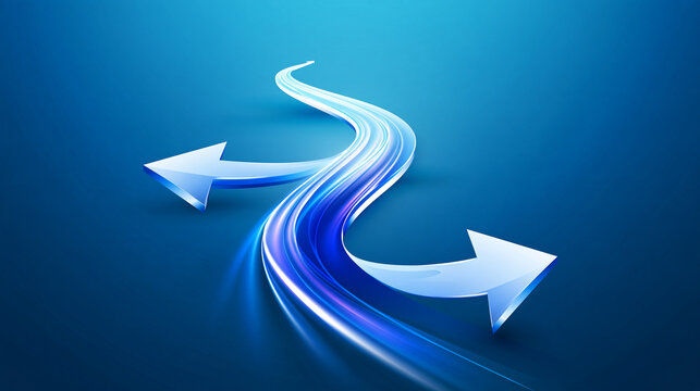 A dynamic blue road splits into two curved arrows, symbolizing a choice or direction in a futuristic, glossy style.