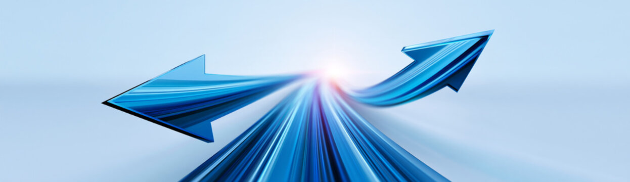 Two blue arrows moving in opposite directions with a bright light at their intersection, symbolizing choices or contrasting paths.