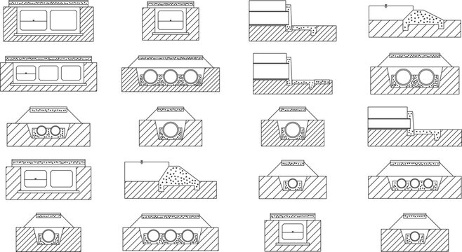 CAD culvert and headwall section details, pipe culvert under a road in bedding, twin pipes, precast box culvert, headwall with wingwalls and apron, weir and rip rap outfall
