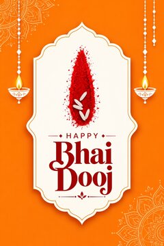 Happy bhai dooj greeting card featuring traditional oil lamps and red powder symbols on an orange