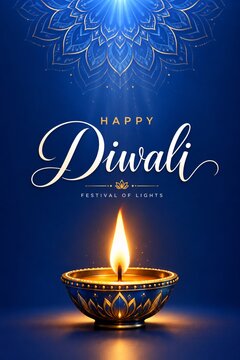 A single glowing diya lamp rests beneath a radiant blue mandala pattern for a peaceful festive