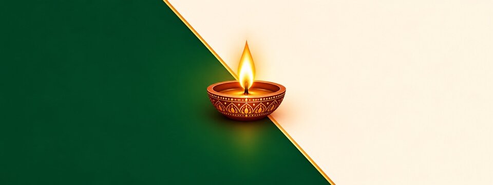 A single lit clay oil lamp resting on a diagonal split background of dark green and bright white