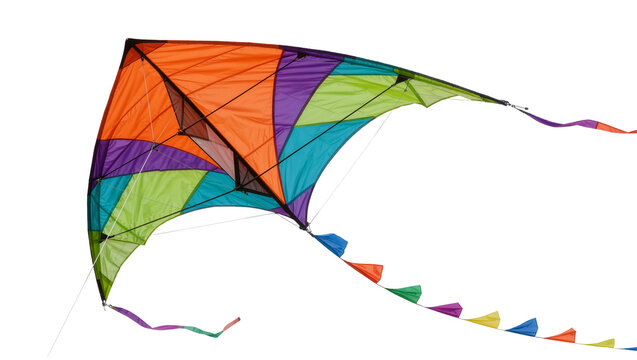 Multicolor delta stunt kite with long tail and geometric fabric panels