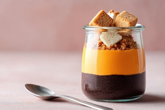 Vibrant layered dessert jar with chocolate and orange mousse on pink background