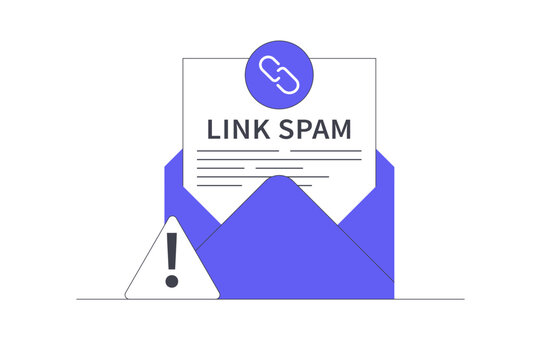 Spam Email Security Threat and Phishing Link Warning. Open Mail Envelope Displaying Link Spam Document Paper with Exclamation Mark Alert. Flat Cartoon Vector Illustration, icon Stylish abstract design