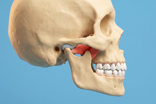 Detailed jaw joint anatomy illustration with cranium, zygomatic arch, ligament, chewing muscle and bite alignment, for TMJ disorder awareness, dental clinic and orthodontic education