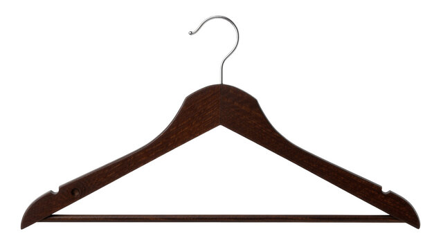 Dark brown wooden clothes hanger with metal hook for garment storage
