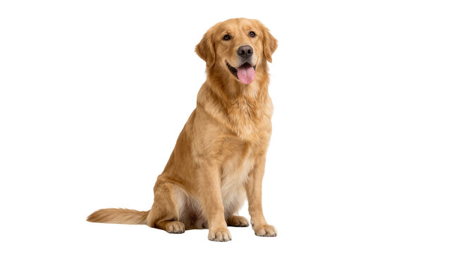 Golden Retriever dog sitting with tongue out and happy expression