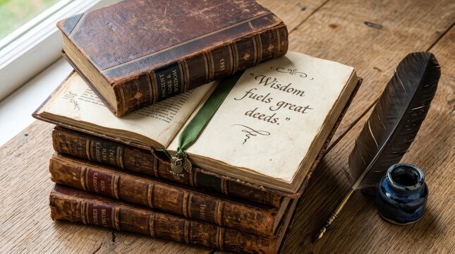 Stack of antique books with quill pen and inkwell, wisdom quote on open page