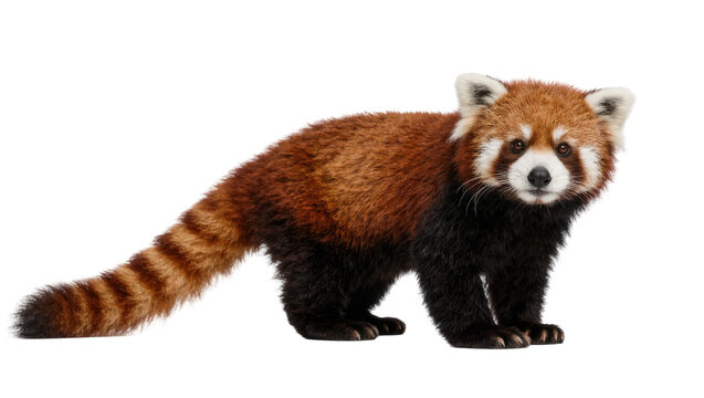 Red panda standing with fluffy tail and dark brown fur on legs and belly