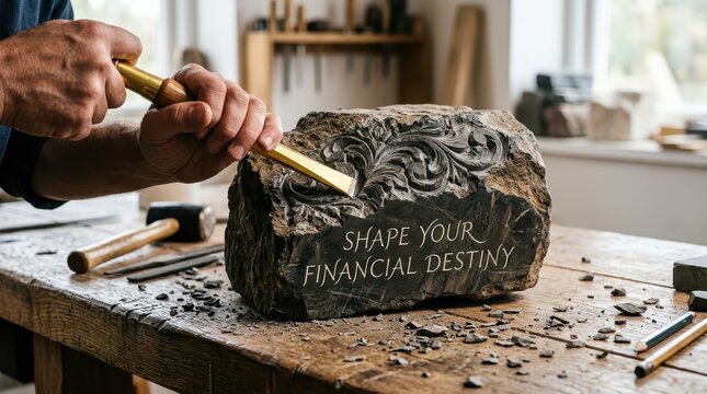 Stone Carver Shaping Financial Destiny with Chisel and Hammer in Workshop