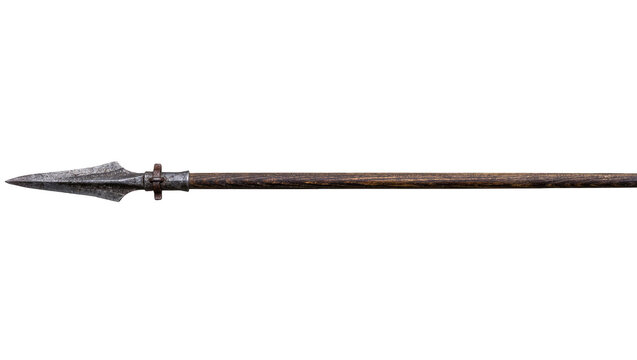 Ancient medieval spear with sharp iron metal head and long wooden shaft