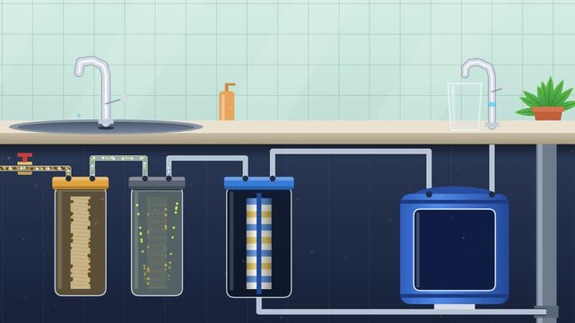 Reverse osmosis water filter under kitchen sink, how home water purification works, cutaway explainer animation