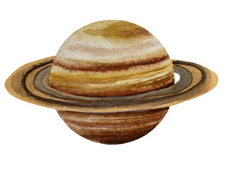 Hand-painted watercolor illustration of planet Saturn featuring natural golden yellow, beige and light brown tones with expressive watercolor textures and its iconic planetary rings © Volodymyr