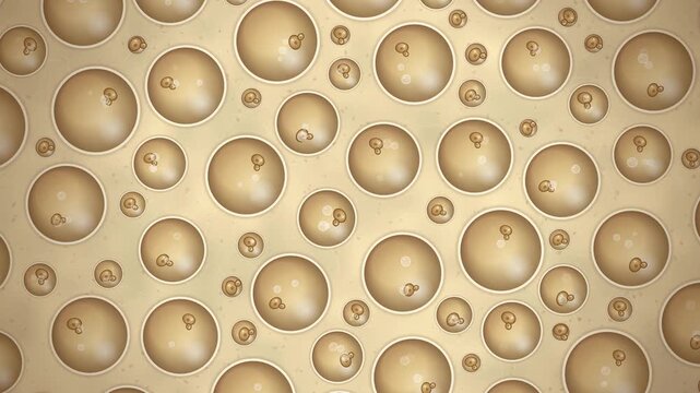 Yeast dough rising, bread dough cross section with CO2 bubbles and baking crumb, bakery explainer animation