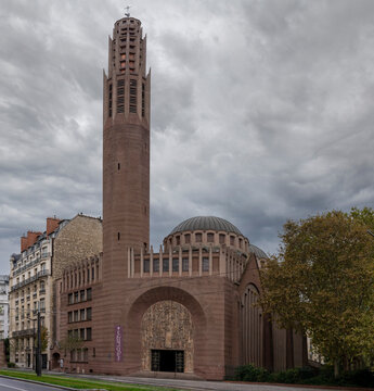 Paris, France - 10 24 2026: Saint Odile Church. View of the main building facade with its bell tower in Byzantine inspiration from the Avenue