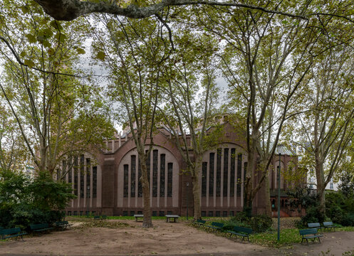 Paris, France - 10 24 2026: Saint Odile Church. View of the lateral building with its bell tower in Byzantine inspiration from the square