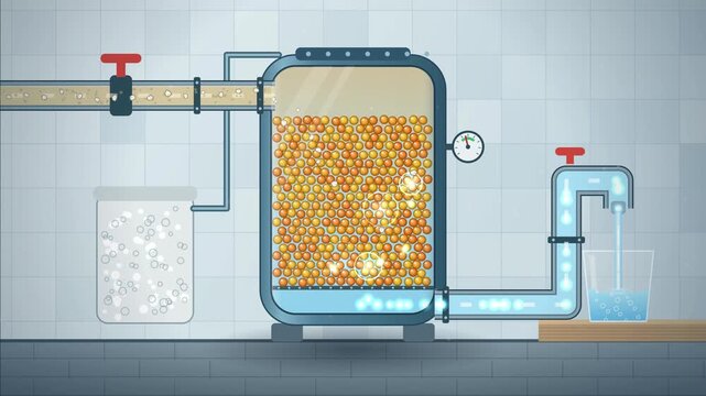 Water softener explained, limescale captured by resin beads in tank cutaway, hard water to soft water animation