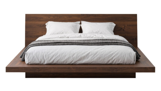 Modern low profile platform bed with dark walnut wood frame and white bedding