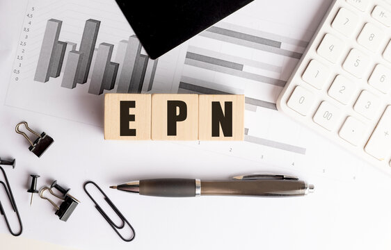 Epn acronym with financial charts, calculator and office supplies representing business analysis and accounting