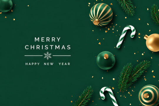 Merry Christmas and Happy New Year greeting card featuring elegant white typography, green and gold Christmas baubles, candy canes and pine branches on a rich emerald green festive background